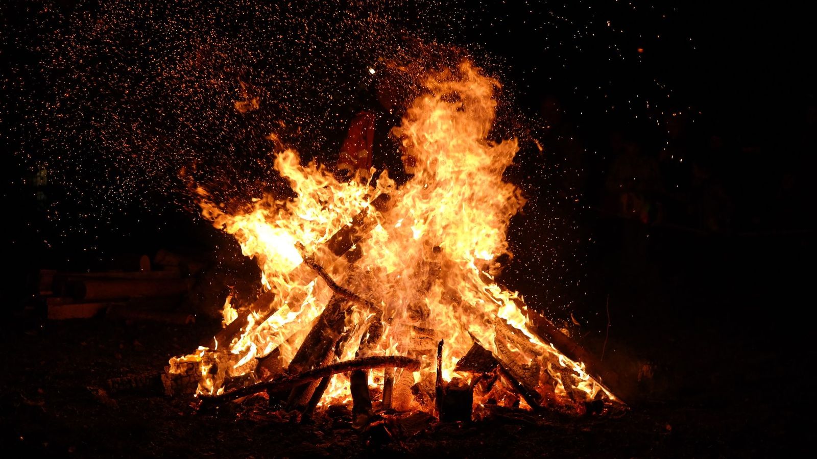 A Samhain bonfire at night, the Celtic fire festival that marks the start of the dark half of the year